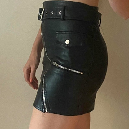 Leather Black Buckle Mini Skirt Size S