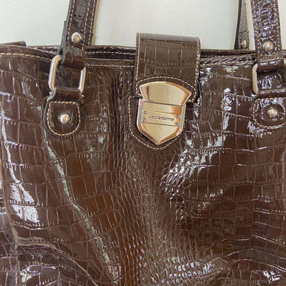 1990's Glossy Chocolate Brown Snakeskin Tote Bag